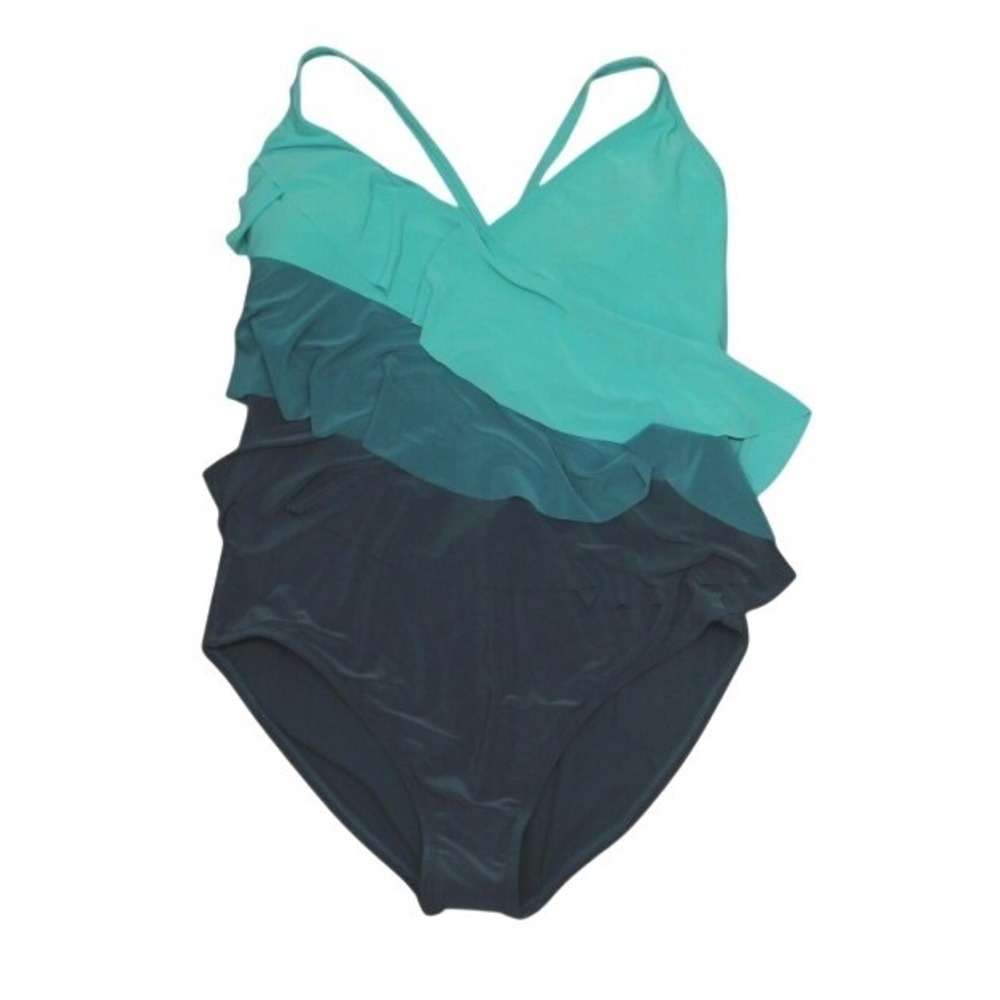 Beyond Control‎ Womens Ruffle Tiered One Piece Swimsuit Teal Blue Size 10 New